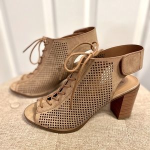 Boho lace open toe block heel